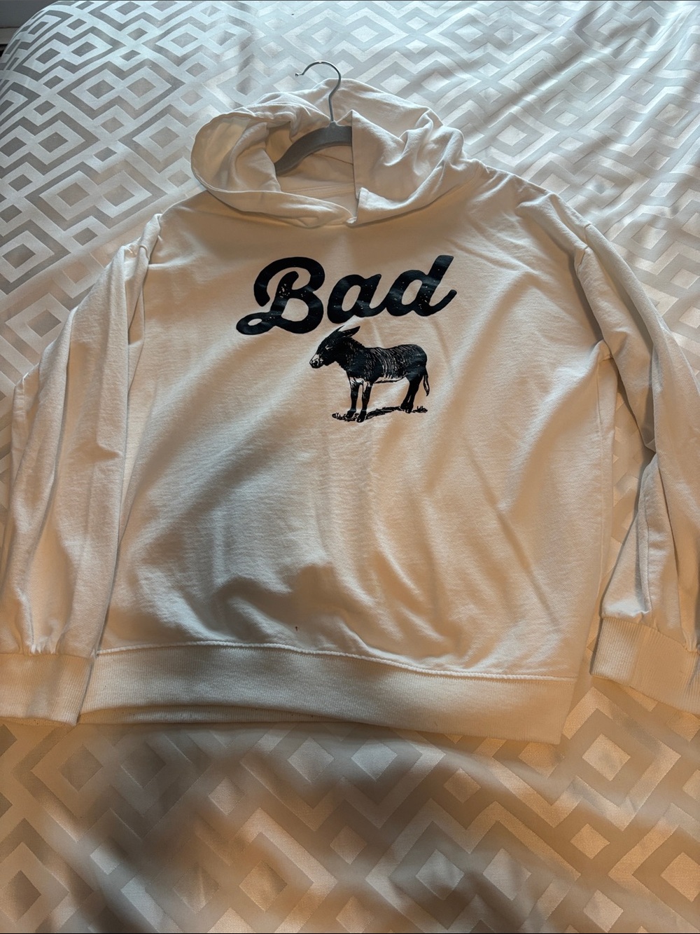 White "Bad" Graphiclight weight cotton  Hoodie with Donkey Print